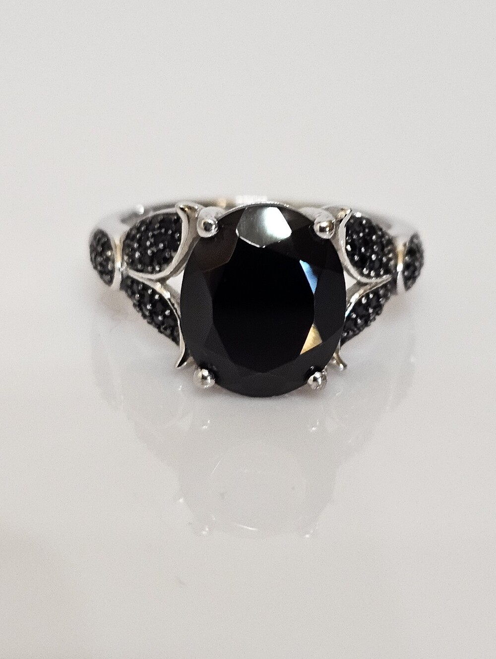Natural Black Spinel & Black Diamonds Sterling Silver Rhodium Size 8! Nwt